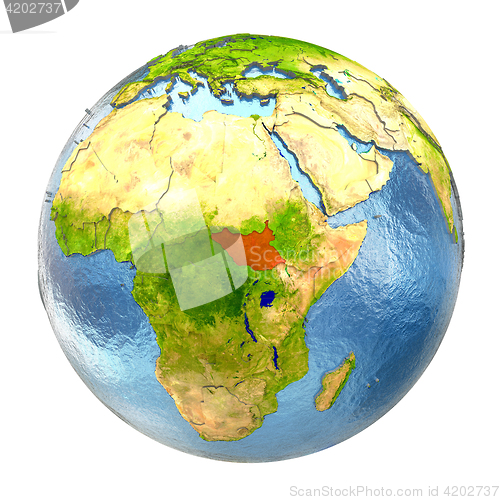 Image of South Sudan in red on full Earth