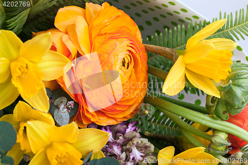 Image of Ranunkulyus bouquet of red flowers on a white background