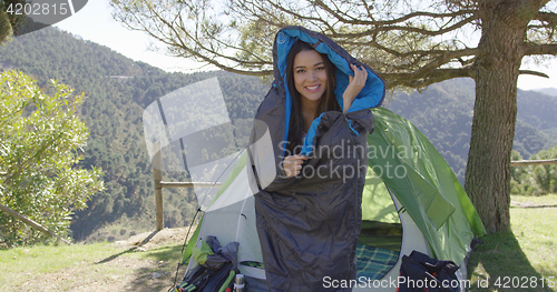 Image of Funny female in sleeping bag