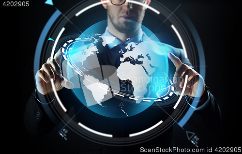 Image of close up of businessman with earth projection