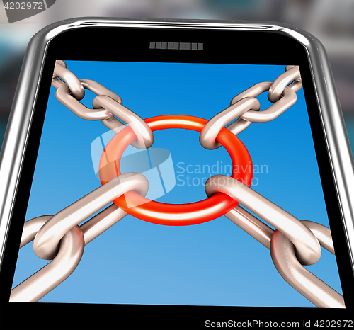 Image of Chains Joint On Smartphone Showing Security Unity