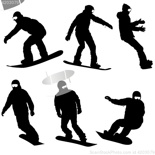 Image of Set black silhouettes snowboarders on white background. illustration