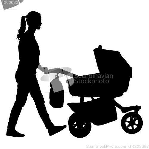 Image of Black silhouettes Family with pram on white background. illustration