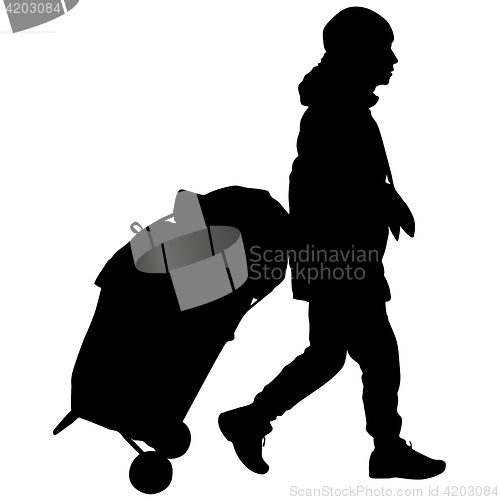 Image of Black silhouettes travelers with suitcases on white background.