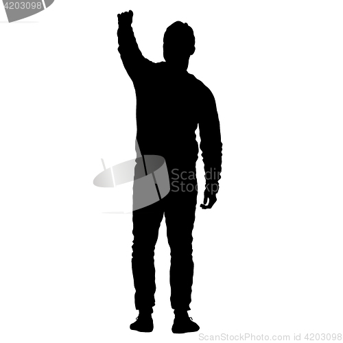 Image of Black silhouettes man with arm raised. illustration