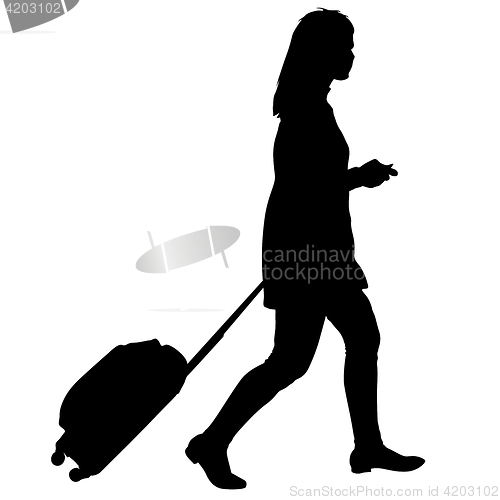 Image of Black silhouettes travelers with suitcases on white background.