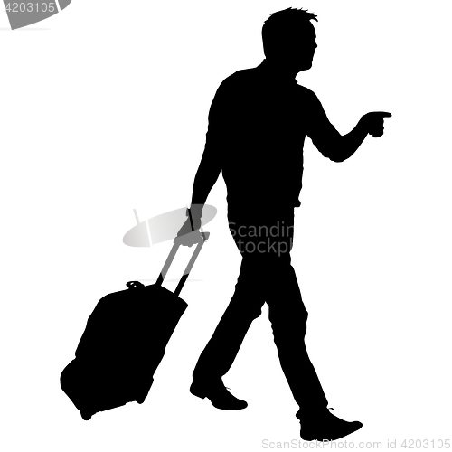 Image of Black silhouettes travelers with suitcases on white background.