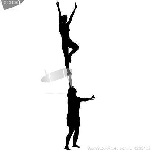 Image of Black silhouette two acrobats show stand on hand. illustration