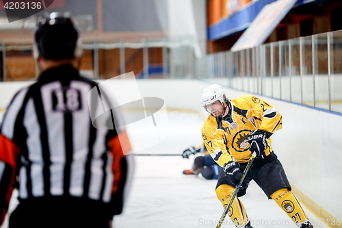 Image of Moscow, Russia - January, 22, 2017: Amateur hockey league LHL-77. Game between hockey team \"New Jersey 53\" and hockey team \"Grizzly-2\".