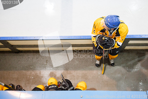 Image of Moscow, Russia - January, 22, 2017: Amateur hockey league LHL-77. Game between hockey team \"New Jersey 53\" and hockey team \"Grizzly-2\".