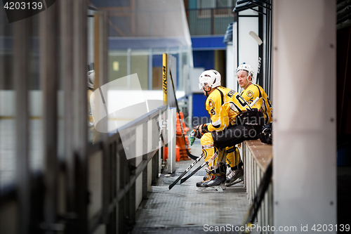 Image of Moscow, Russia - January, 22, 2017: Amateur hockey league LHL-77. Game between hockey team \"New Jersey 53\" and hockey team \"Grizzly-2\".