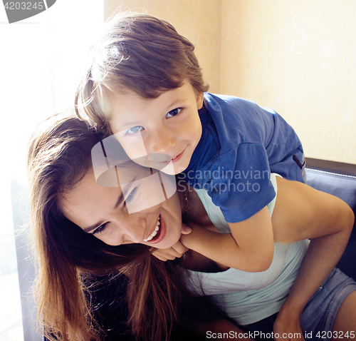 Image of mother with son, happy family at home