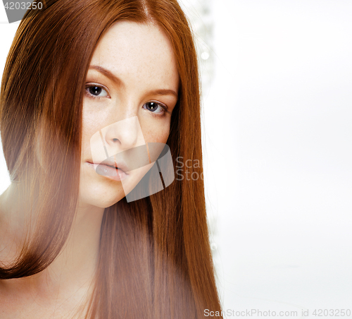 Image of beauty young redhead woman with red flying hair, funny ginger fr