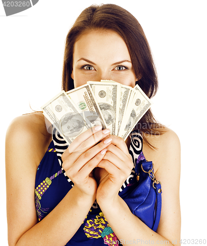 Image of pretty young brunette real modern woman with money cash isolated on white background happy smiling, lifestyle people concept