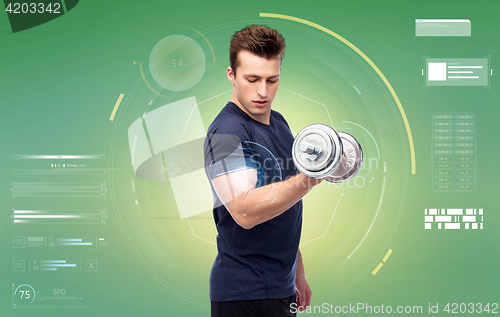 Image of sportive young man with dumbbell
