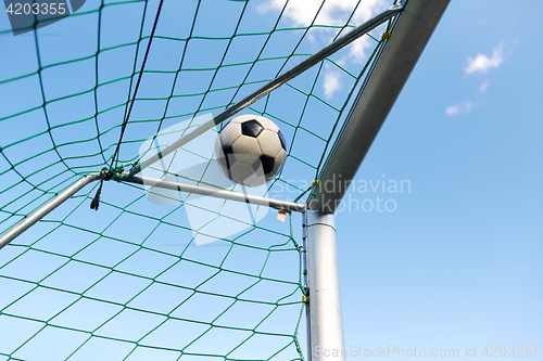 Image of soccer ball flying into football goal net over sky