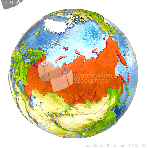 Image of Russia in red on full Earth