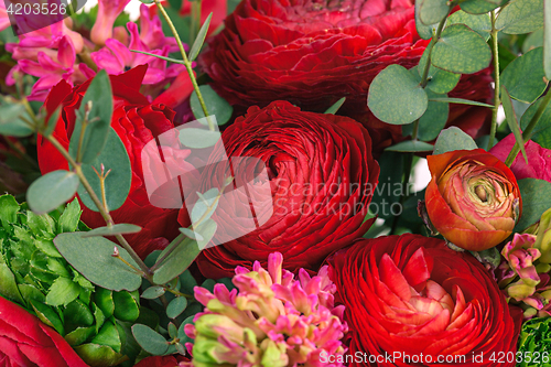 Image of Ranunkulyus bouquet of red flowers on a white background