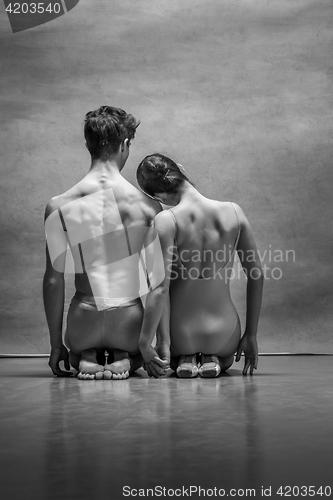 Image of Couple of ballet dancers posing over gray background