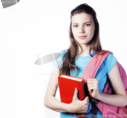 Image of young cute teenage girl posing cheerful against white background