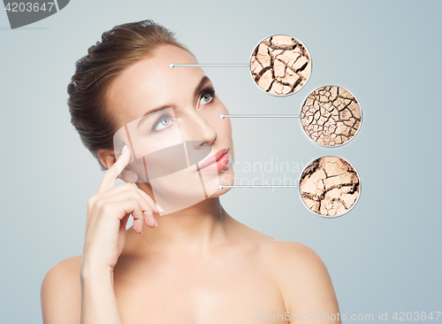 Image of face of beautiful woman with damaged skin samples