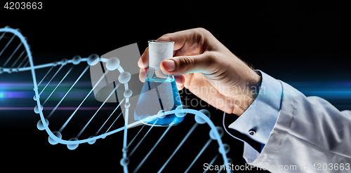 Image of close up of scientist holding flask with chemical