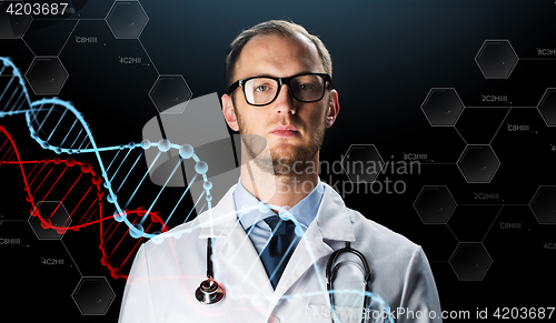 Image of close up of doctor in white coat with stethoscope