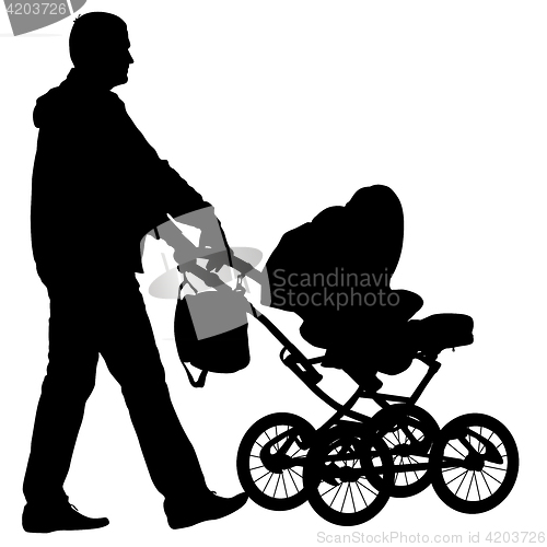 Image of Black silhouettes father with pram on white background. illustration