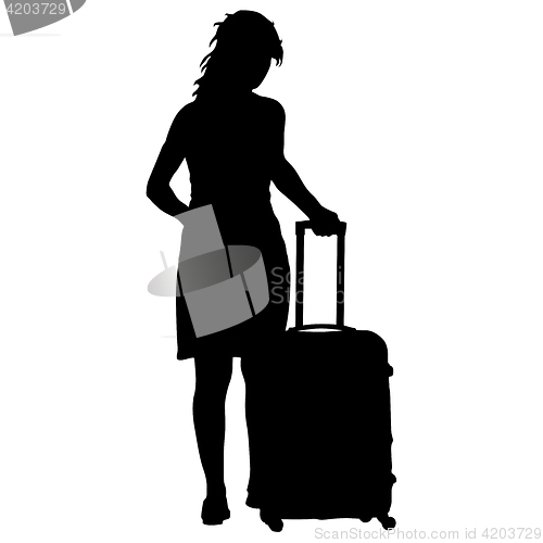 Image of Black silhouettes travelers with suitcases on white background.