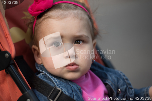 Image of baby girl sitting in the pram