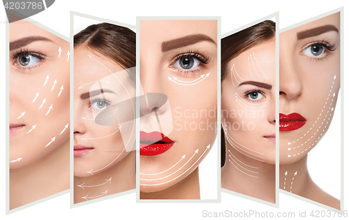 Image of The young female face. Antiaging and thread lifting concept