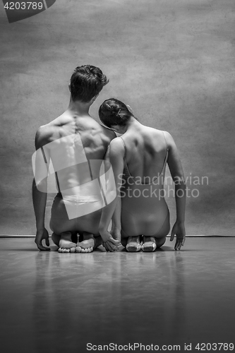 Image of Couple of ballet dancers posing over gray background