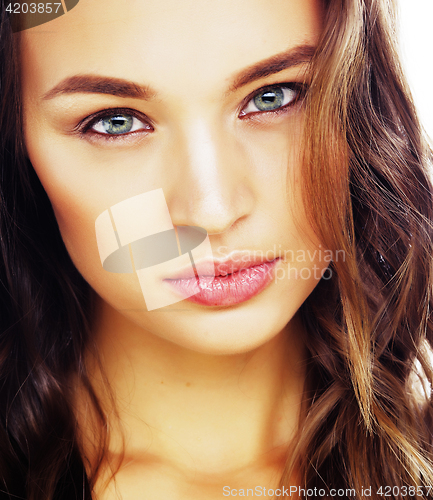 Image of young sweet brunette woman close up isolated on white background