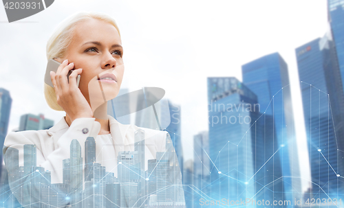 Image of serious businesswoman with smartphone in city