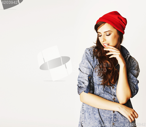 Image of young cheerful brunette teenage girl on white background