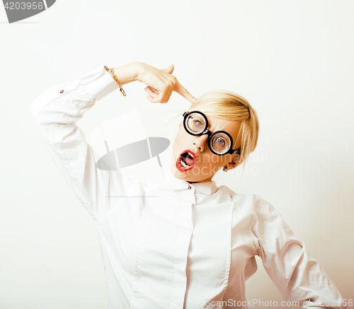 Image of bookworm, cute young blond woman in glasses, blond hair, teenage