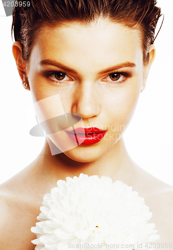 Image of young brunette woman close up isolated on white with big flower, spa girl concept