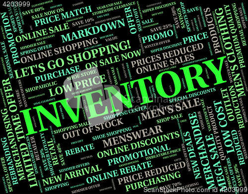 Image of Inventory Word Represents Words Merchandise And Logistic