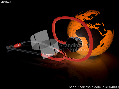 Image of stethoscope and globe.3d illustration