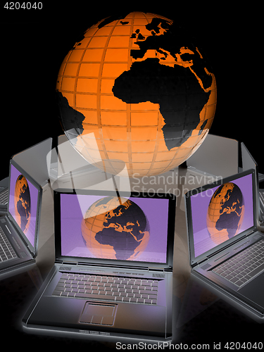 Image of internet, global network, computers around globe. 3d render