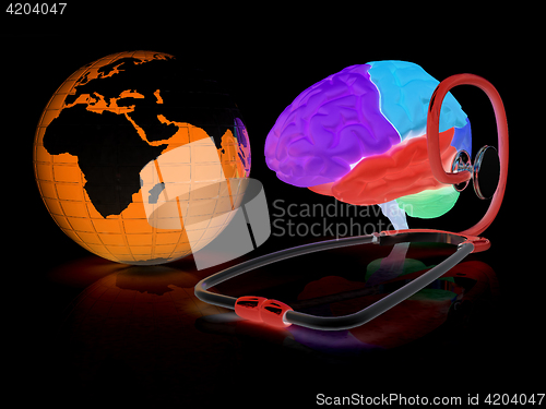 Image of stethoscope, globe, brain - global medical concept. 3d illustrat