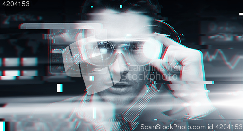 Image of man in virtual reality or 3d glasses with glitch