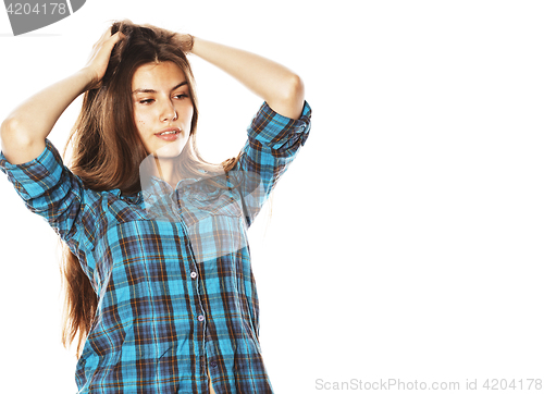 Image of young pretty woman posing on white background isolated emotional