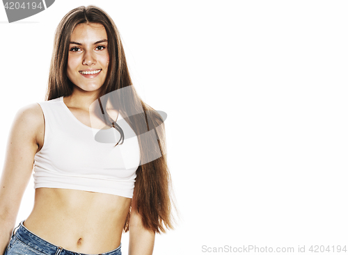 Image of young pretty woman in sports wear isolated on white smiling, spring lifestyle concept