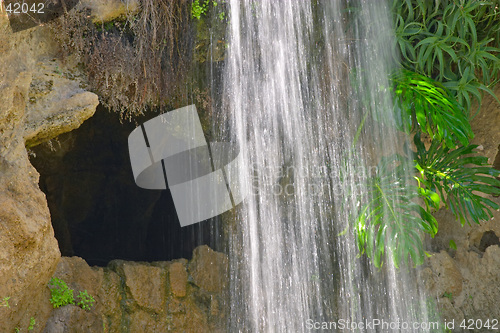 Image of Cave, waterfall and aquatic plant in Parque Genoves, Cadiz, Andalusia, Spain