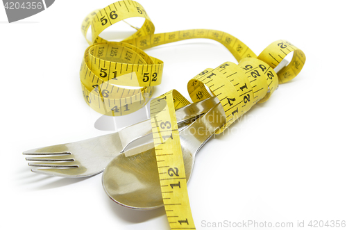 Image of Steel spoon, fork and measuring tape