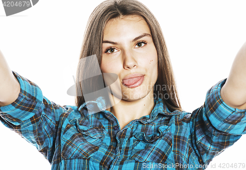 Image of cute teenage girls making selfie isolated