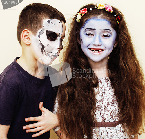 Image of zombie apocalypse kids concept. Birthday party celebration facepaint on children dead bride, scar face, skeleton together, halloween holiday