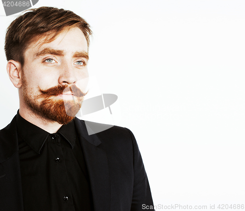 Image of young red hair man with beard and mustache in black suit on whit