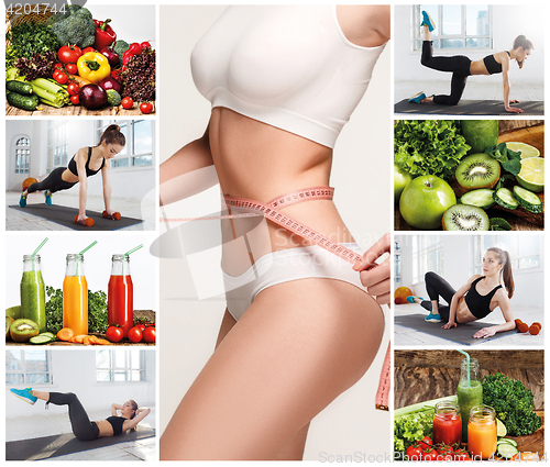 Image of Young healthy woman with vegetables. Collage